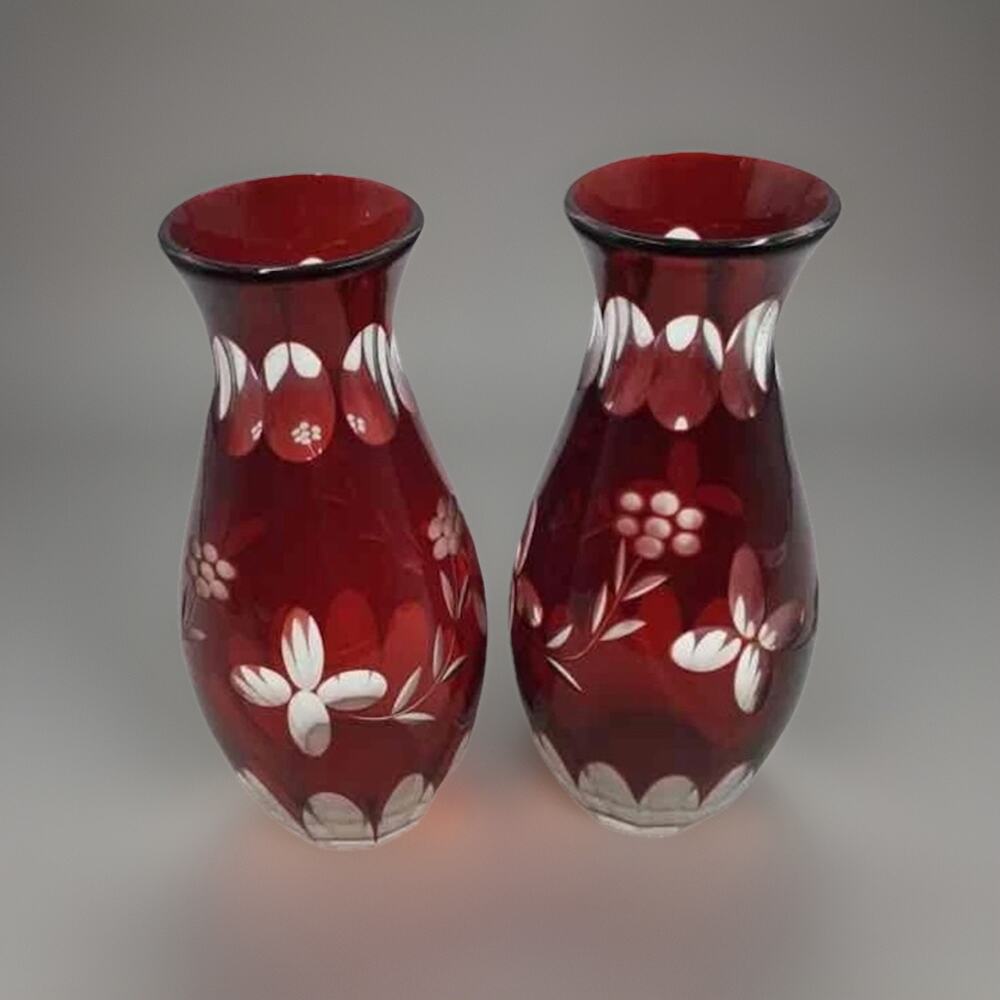 Set Of 2 Ruby Red Cut Glass Collectible Decorative Bohemian Flower Vases 7” tall